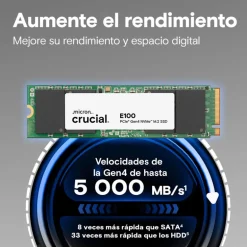Disco Duro M.2 Crucial E100 1TB PCIe Gen4 x4 NVMe SSD Tray