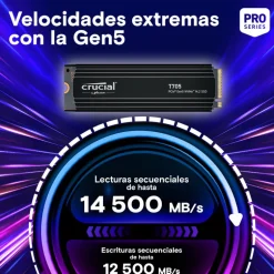 Disco Duro M.2 Crucial T705 2TB PCIe Gen5 x4 NVMe SSD Con Disipador