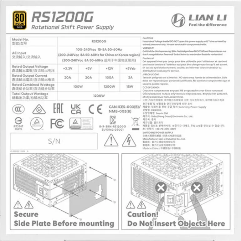 Fuente/PSU Lian Li Rotational Shift RS1200G 80 Plus Gold 1200W ATX 3.1 Modular Con Hub Blanco