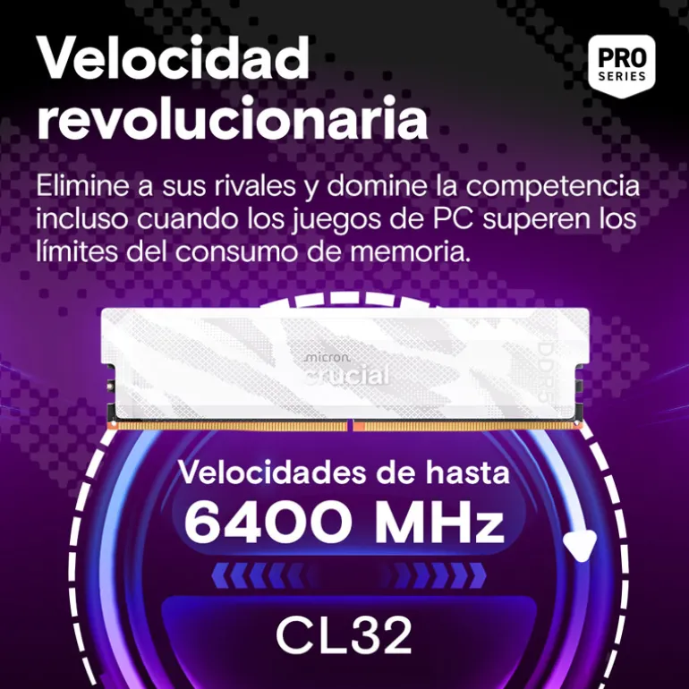 Memoria DDR5 Crucial Pro OC 32GB 2x16GB 6400MHz CL32 EXPO-XMP Blanco
